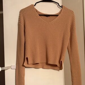 Wild Fable Camel Ribbed V-Neck Long Sleeve Top